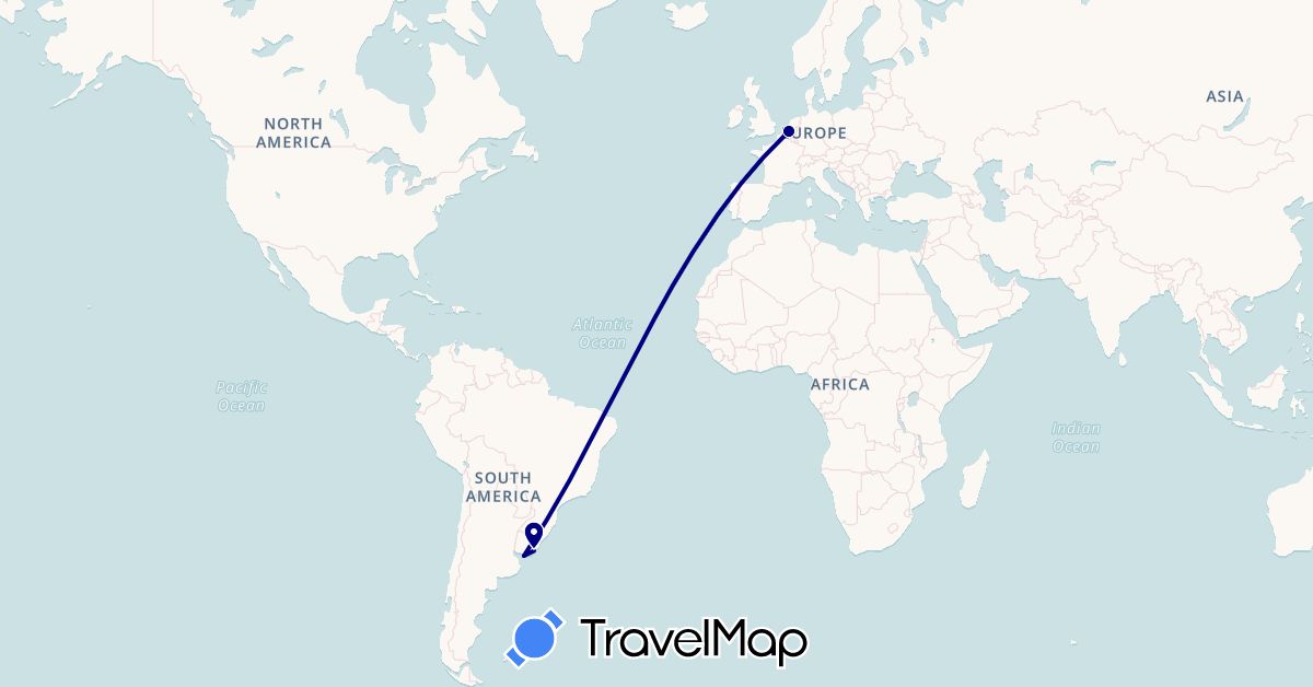 TravelMap itinerary: driving in Belgium, Uruguay (Europe, South America)